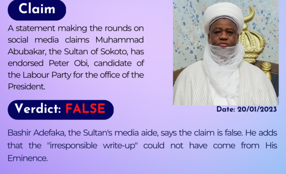 A statement making the rounds on social media claims Muhammad Abubakar, the Sultan of Sokoto, has endorsed Peter Obi, candidate of the Labour Party for the office of the President.