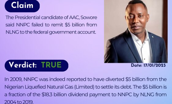 The Presidential candidate of AAC, Sowore said NNPC failed to remit $5 billion from NLNG to the federal government account.