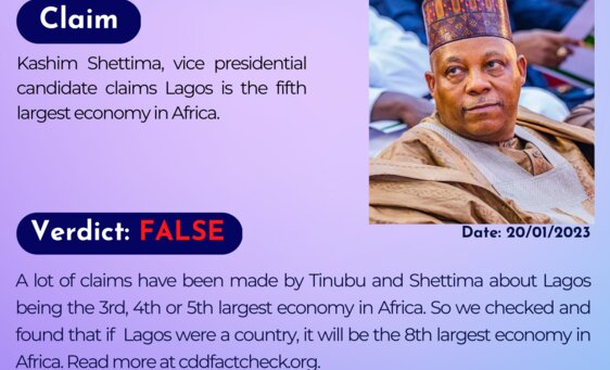 Kashim Stettima, vice presidential candidate claims Lagos is the fifth largest economy in Africa.