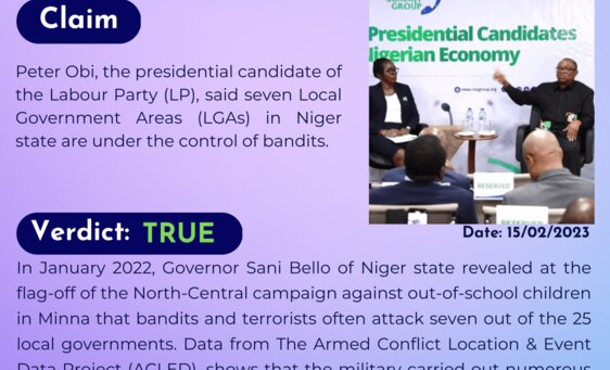 Peter Obi, the presidential candidate of the Labour Party (LP), said seven Local Government Areas (LGAs) in Niger state are under the control of bandits.