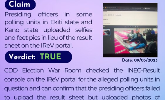 Presiding officers in some polling units in Ekiti state and Kano state uploaded selfies and feet pics in lieu of the result sheet on the IReV portal.
