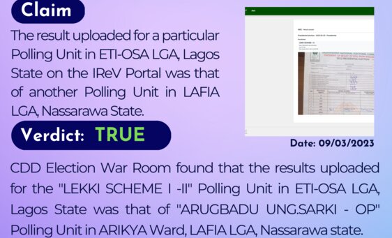 The result uploaded for a particular Polling Unit in ETI-OSA LGA, Lagos State on the IReV Portal was that of another Polling Unit in LAFIA LGA, Nasarawa state.