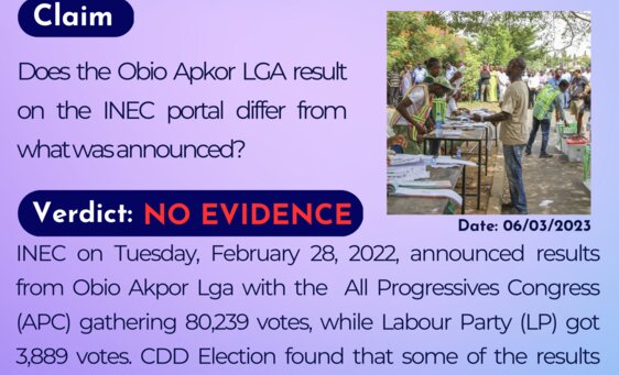 Does the Obio Apkor LGA result on the INEC porta differ from what was announced?