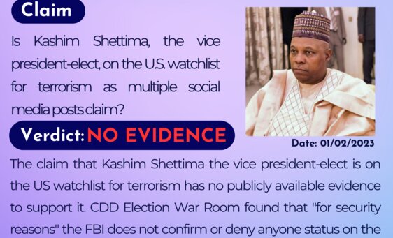 Is Kashim Shetimma, the vice president-elect, on the US watchlist for terrorism as multiple social media posts claim?