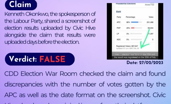 Kenneth Okonkwo, the spokesperson of the Labour Party, shared a screenshot of election results uploaded by Civic Hive alongside the claim that results were uploaded days before the election.