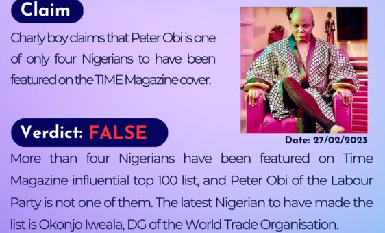 Charly boy claims that Peter Obi is one of only Four Nigerians to have been featured on the TIME Magazine cover.