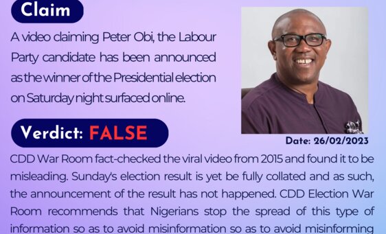 A Video claiming Peter Obi, the Labour Party candidate has been announced as the winner of the Presidential election on Saturday night surfaced online.