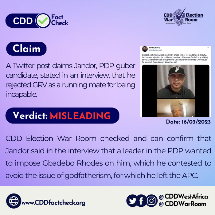 A TWitter post claims Jandor, PDP gubernatorial candidate, stated in an ...