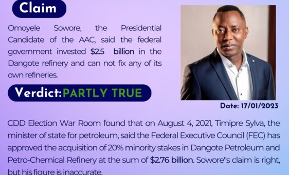 Omoyele Sowore, the Presidential candidate of the AAC, said the federal government invested $2.5 billion in the Dangote refinery and can not fix any of its own refineries. 