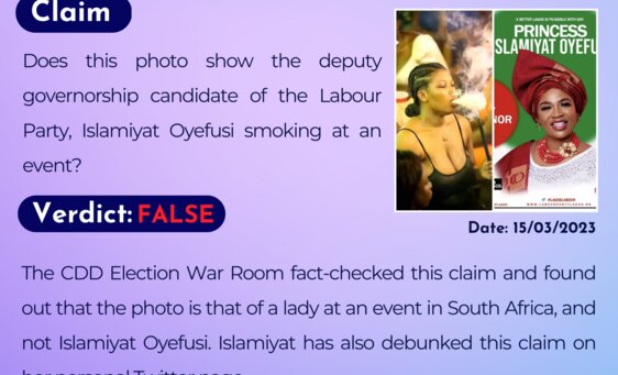 Does this photo show the deputy governorship candidate of the Labour Party, Islamiyat Oyefusi smoking at an event?