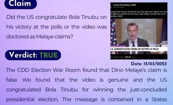 Did the US congratulate Bola Tinubu on his victory at the polls or the video was doctored as Melaye claims?