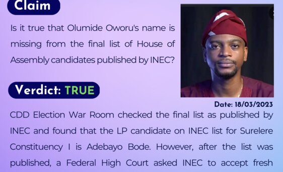 Is it true that Olumide Owuru's name is missing from the final list of House of Assembly candidates published by INEC?