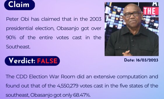 Peter Obi has claimed that in the 2003 presidential election, Obasanjo got over 90% of the entire votes cast in the Southeast.