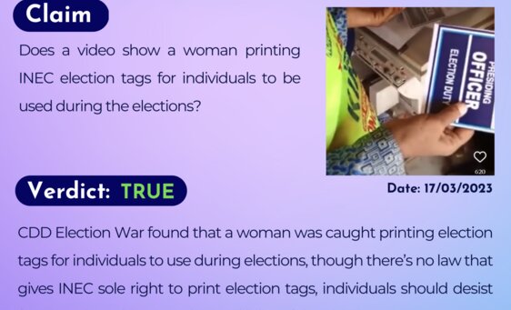 Does a video show a woman printing INEC election tags for individuals to be used during the elections?