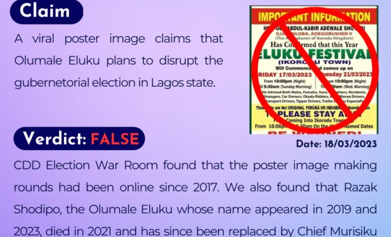 A viral poster image claims that Olumale Eluku plans to disrupt the gubernatorial election in Lagos state. 