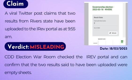 A viral Twitter post claims that two results from Rivers state have been uploaded to the IRev portal as at 9:55 am.
